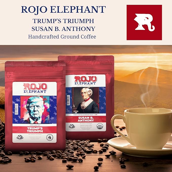 Rojo Elephant Handcrafted Ground Coffee 100% Arabica Beans 11 0z Bags Pack of 2 Trump's Triumph Susan B. Anthony Visionary Pack