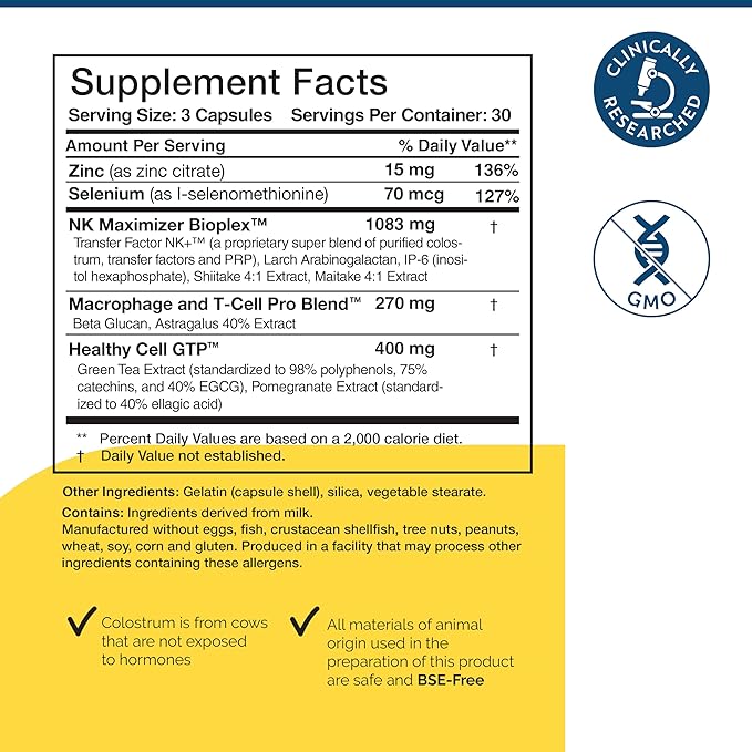 Transfer Factor Multi-Immune Support Supplement - Clinically Researched Immune Support Formula with Colostrum Mushrooms Green Tea and IP-6 - Promotes Healthy NK Cell &amp T-Cell Function 90 Capsu