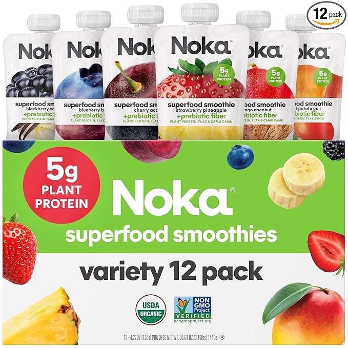 Noka Superfood Fruit Smoothie Pouches Variety Pack Healthy Snacks with Flax Seed Plant Protein and Prebiotic Fiber Vegan and Gluten Free Snacks Made in USA Organic Squeeze Pouch 4.22 oz 12 Coun