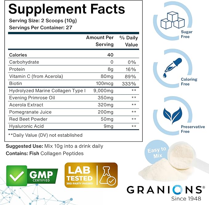 Marine Collagen Powder Supplement - Type I Hydrolyzed Marine Collagen Peptides Protein Biotin Hyaluronic Acid Vitamin C Vital Antioxidants - Skin Supplements for Women - Pomegranate 9.7oz