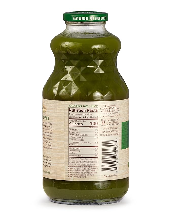 Smart Juice Organic Super Greens Juice - 32 fl oz glass - (Pack of 6) 100% Juice