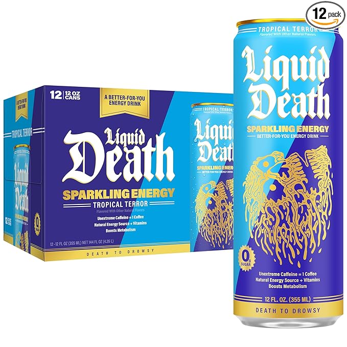 Liquid Death Sparkling Energy - Tropical Terror (Classic Piña Colada) Zero Sugar Energy Drink Unextreme Caffeine 100mg Essential Vitamins 12 Fl Oz (Pack of 12)