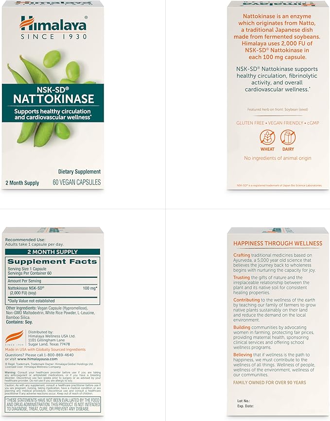 Himalaya NSK-SD Nattokinase Dietary Supplement for Healthy Circulation Vegan Gluten Free Natto Extract 100 mg 60 Capsules