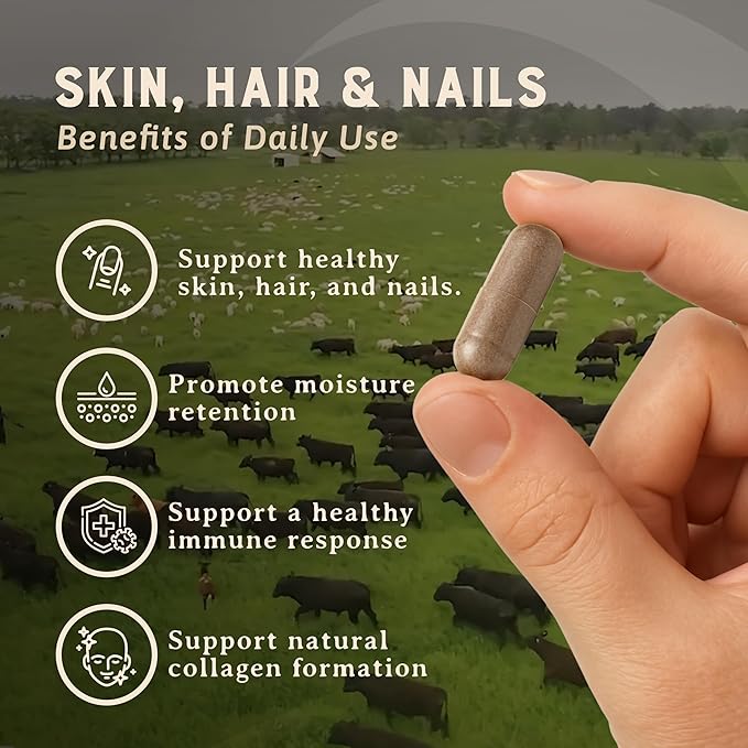 Heart &amp Soil – 100% Grass Fed &amp Finished Hair Skin and Nails Supplement from Regenerative Cattle with Cartilage Liver &amp Bone Marrow – 3000mg Beef Organs for Women &amp Men – Glass Bottl