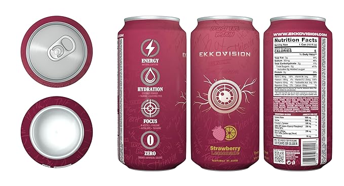 Ekkovision Energy Drink Strawberry Lemonade 200 MG Natural Caffeine With Coconut Water L Theanine Alpha Gpc &amp L Tyrosine For Balanced Energy Electrolytes &amp Smooth Hydration 16 Fl Oz Can