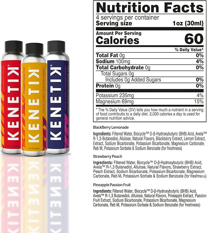 KENETIK Caffeine-Free Focus Concentrate – Brain Fuel for Mental Clarity Cognitive Endurance Sugar-Free Bioidentical Ketones (D-BHB) 4oz (4 Servings) – 3 Pack Variety
