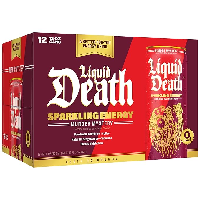 Liquid Death Sparkling Energy - Murder Mystery (Cherry Cream Spice) Zero Sugar Energy Drink Unextreme Caffeine 100mg Essential Vitamins 12 Fl Oz (Pack of 12)