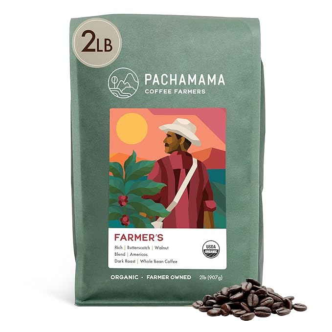 Pachamama Organic Coffee - Farmer's Blend Dark Roast Whole Bean Coffee - 2 lb - Farmer Owned &amp Regenerative
