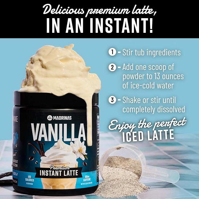 Premium All-Natural Vanilla Flavored Instant Coffee Cold Brew Latte Mix - 8 Servings - High Caffeine Rich &amp Flavorful Gluten-Free Convenient | MADRINAS