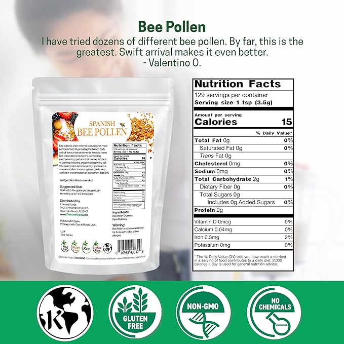 Z Natural Foods Spanish Bee Pollen Granules - Pure &amp Raw Pollen Granule Product of Spain - Nutrient-Dense for Energy &amp Immune Support - Aromatic Sweet Flavor Sprinkle on Salads &amp Smoothi