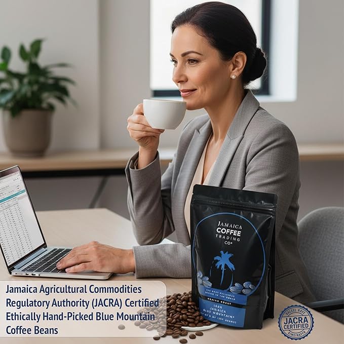 100% Jamaica Blue Mountain Coffee Beans No. 1 227grams / 8oz - Medium Roast Whole Coffee Bean - 100% Pure Arabica Small Batch Roasted - JACRA Certified Low Acidity Ethically Sourced