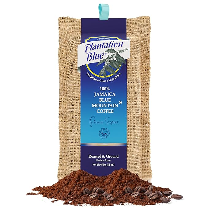 Plantation Blue Jamaica Blue Mountain Coffee Bundle – 8oz Dark Roast Whole Beans &amp 1lb Medium Roast Ground