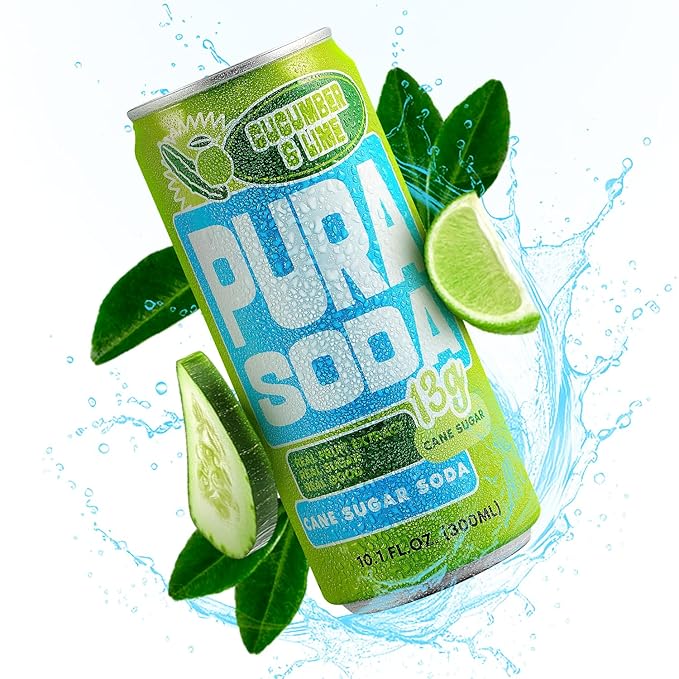 PuraSoda® Cucumber &amp Lime | 65 Calories &amp 13g Pure Cane Sugar per Can | Non-GMO Vegan | Made with Pure Cane Sugar Clean &amp Refreshing | 10 fl oz (300ml) Cans Pack of 24