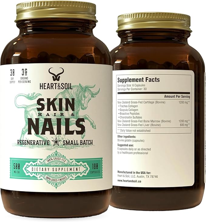 Heart &amp Soil – 100% Grass Fed &amp Finished Hair Skin and Nails Supplement from Regenerative Cattle with Cartilage Liver &amp Bone Marrow – 3000mg Beef Organs for Women &amp Men – Glass Bottl