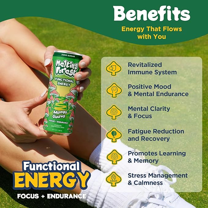 Melting Forest Mushroom Energy Drink L-Theanine Cordyceps &amp Lion's Mane 150mg of Caffeine Energy &amp Focus Cognitive Function &amp Mental Clarity Mango Guava (12 Pack)