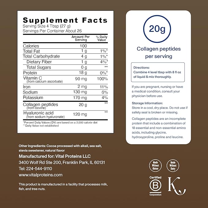 Vital Proteins Collagen Peptides Advanced Hydrolyzed Peptides with Hyaluronic Acid and Vitamin C - Chocolate Flavor Powder 24.7oz (Pack of 2)