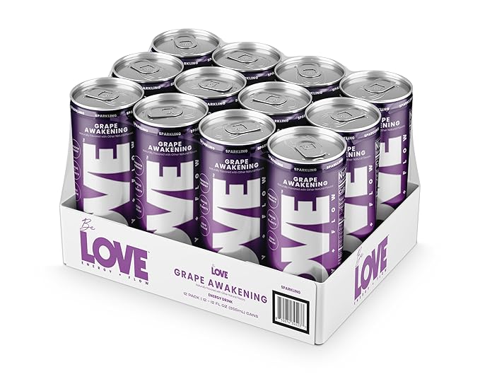 Be LOVE Energy + Flow – 80mg Natural Caffeine L-Theanine &amp Alpha-GPC for Clean Calm Focus – Zero Sugar Low Calorie 100% DV B-Vitamins – Non-GMO Vegan – 12 fl oz (Pack of 12) (Grape Awakening)