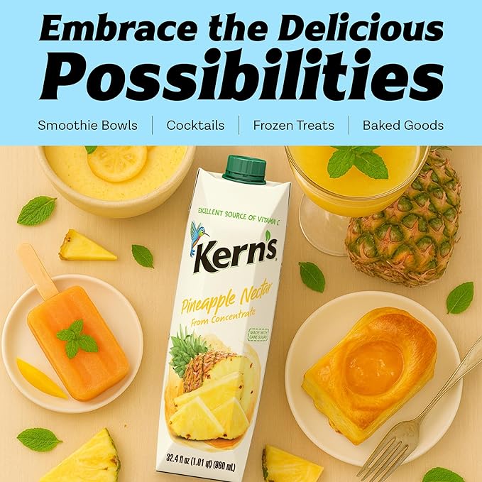 Kern’s Pineapple Juice Nectar - Made with Fresh Pineapple Fruit Puree - Tropical Fruit Juice Concentrate for Smoothie Mix Cocktail Mixers &amp Kids Drinks &amp Mexican Beverages - 32.4oz 12 Pack C