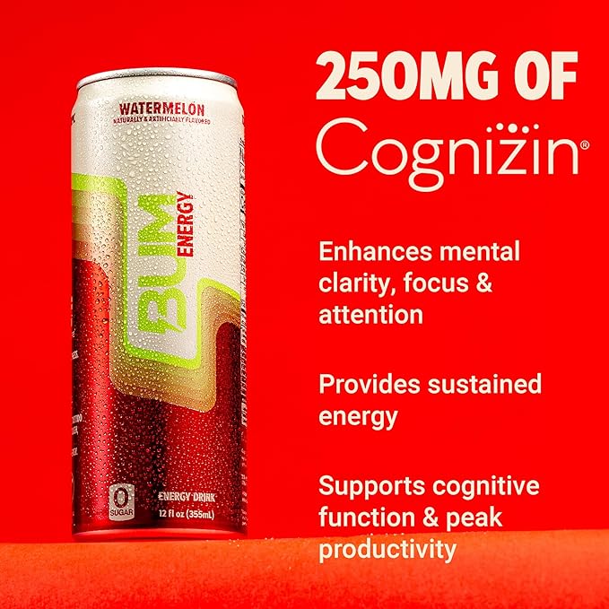 BUM Sugar-Free Energy Drink Watermelon - Lightly Carbonated &amp No Artificial Colors Natural Caffeine &amp Citicoline for Energy &amp Focus Brain Boost &amp Workout Sports Beverage - 12 oz Pa