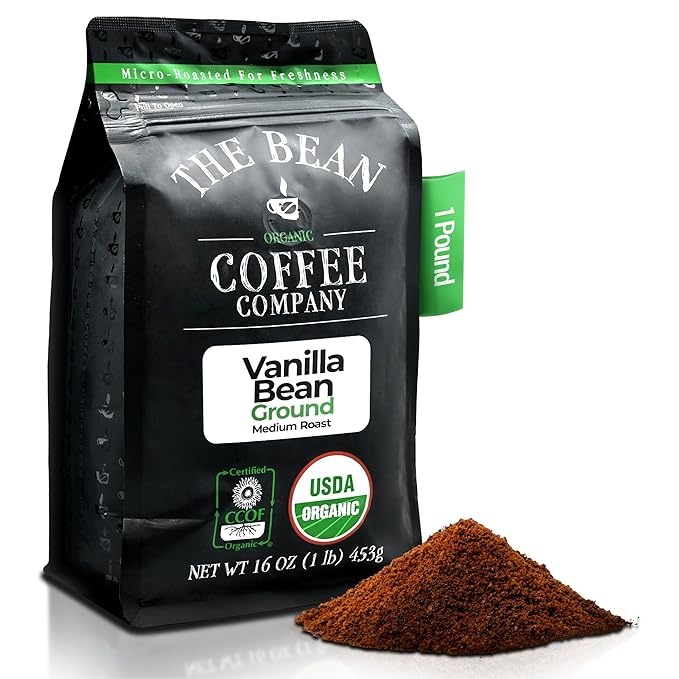 The Bean Organic Coffee Company Aloha Bean (Hawaiian Hazelnut) and Vanilla Bean Medium Roast Ground Coffee 16-Ounce BagCafé molido tostado organico