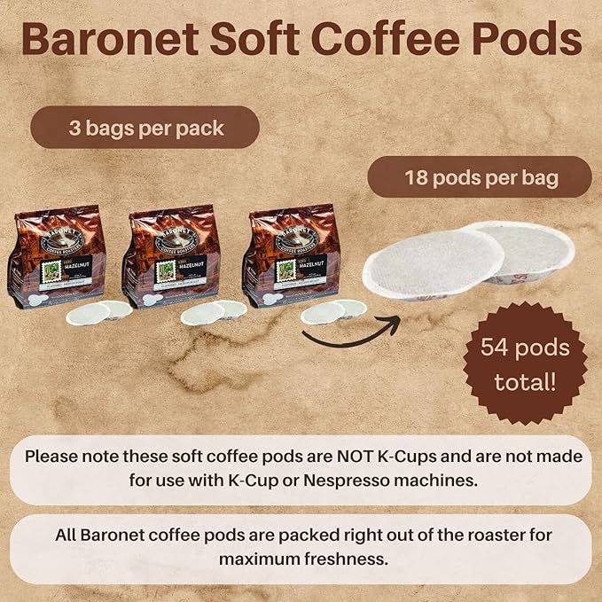 Baronet Coffee Pods [Hazelnut Flavored-54 Pods] Single Cup Use Like Senseo - 3 Bags of 18 Single Serve 8 Gram Regular Strength Medium Roast [Hazelnut]