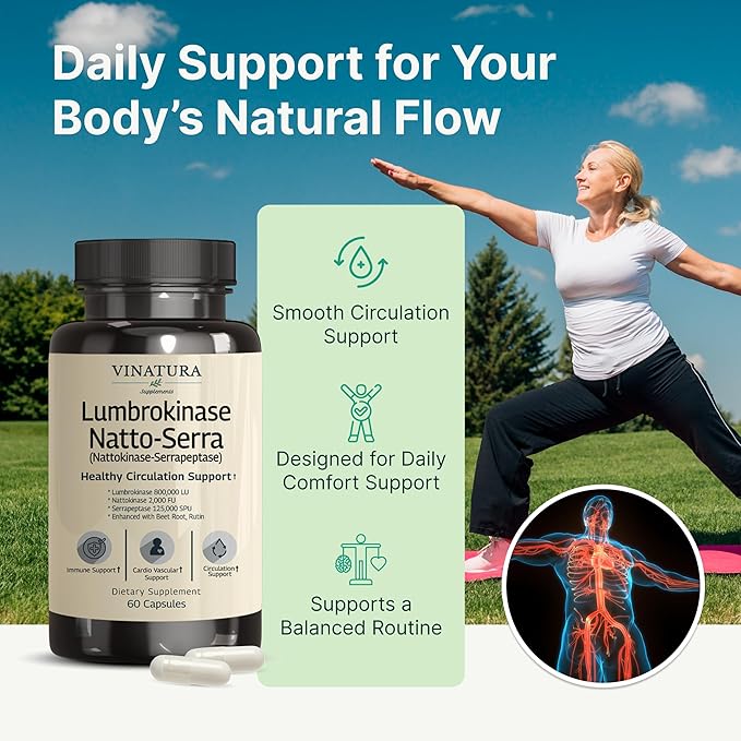 VINATURA Lumbrokinase Nattokinase 2000FU &amp Serrapeptase - USA Made &amp Tested Circulation Supplements of Nattokinase Serrapeptase (Natto-Serra) Rutin Beetroot Lumbrokinase Supplement