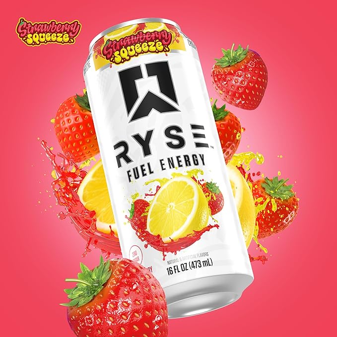 RYSE Fuel Energy Drink - Strawberry Squeeze - Sugar Free Gluten Free &amp Vegan - 200mg Natural Caffeine Taurine &amp Choline for Focus &amp Energy - No Artificial Colors - 16 fl oz Cans (12-Pack