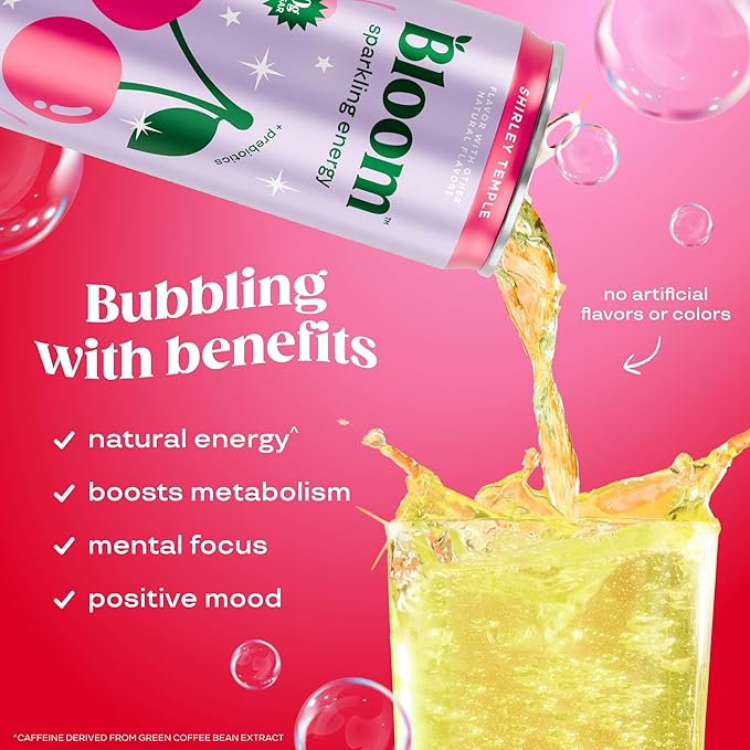 Bloom Nutrition Sparkling Energy Drink - Natural Caffeine Zero Sugar 180mg Caffeine - Antioxidant-Rich with Green Coffee Bean Green Tea Extract Prebiotics - Shirley Temple- 12oz 12 Pack