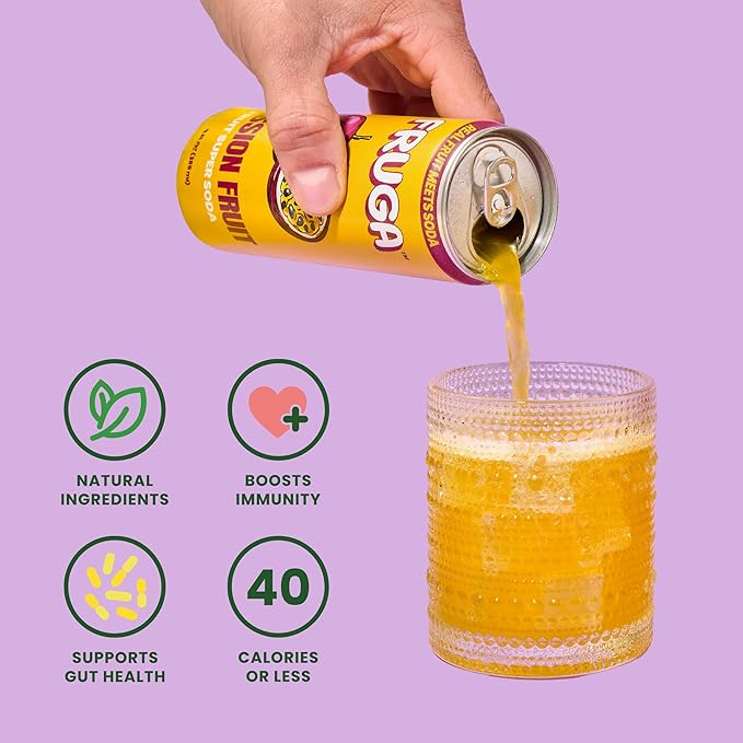 FRUGA Passion Fruit Sparkling Fruit Super Soda Prebiotic Soda Drink Low Calorie Healthy Soda Benefits and Vitamin Boost 12 Fl Oz (Pack of 12)