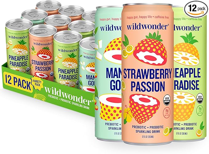 wildwonder Sparkling Probiotic Drink 12pk For Gut Health &amp Immune Support Tropical Vibes Variety 5g Prebiotic Fiber Live Probiotics Organic Vegan Low Sugar 12Pack 12oz Can Seen on Shark