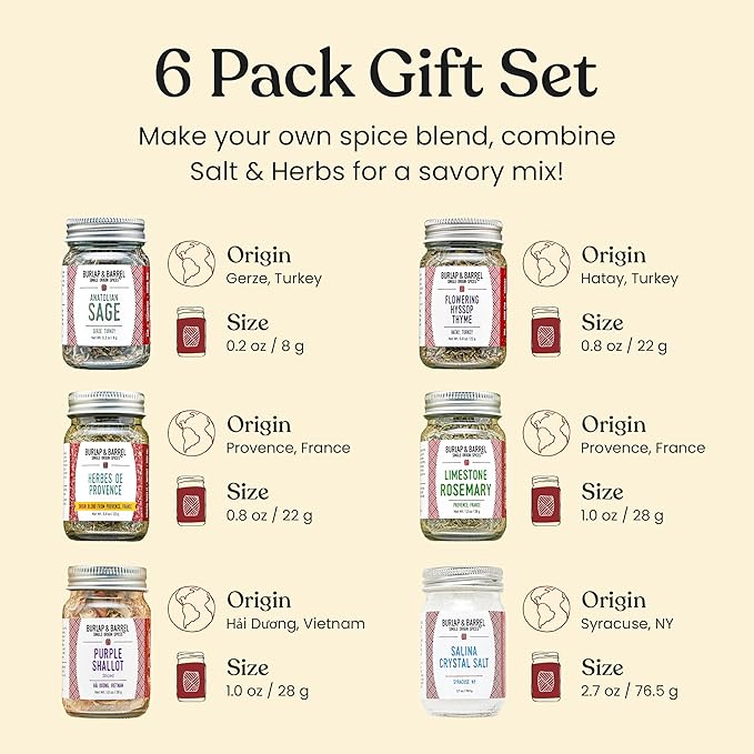 Burlap &amp Barrel Herbs &amp Salt 6-Pack Gift Set- As Seen on Shark Tank! Make Your Own Spice Blend Combine Salt &amp Herbs for a Savory Mix- Includes Sage Shallot Slices &amp More!- 6 Full Siz