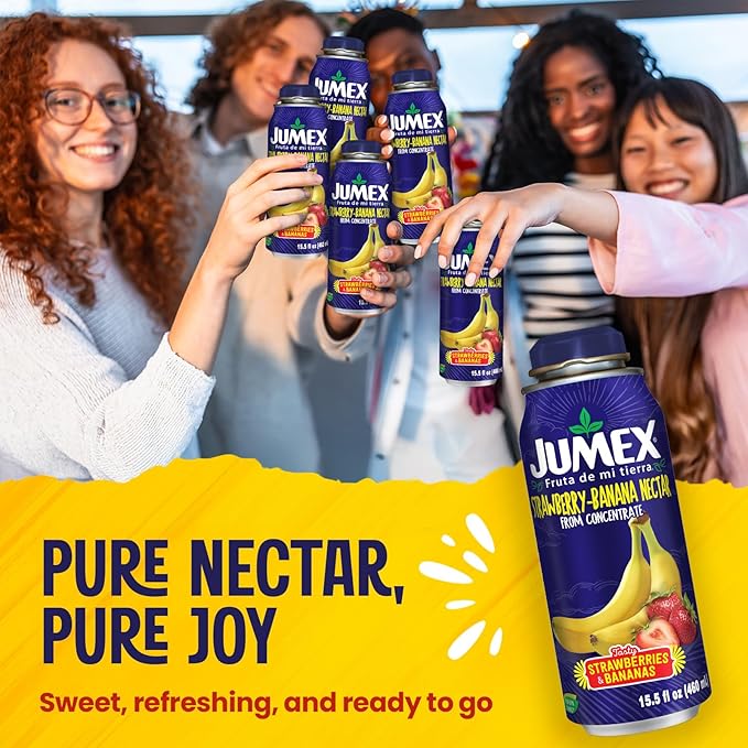 Jumex Strawberry Banana Nectar Lata Botella - Fresh Fruit Puree &amp Tropical Fruit Juice Concentrate for Smoothie Mix Cocktail Mixers &amp Kids Beverages - 15.5oz 12 Pack Resealable Juice Bottles