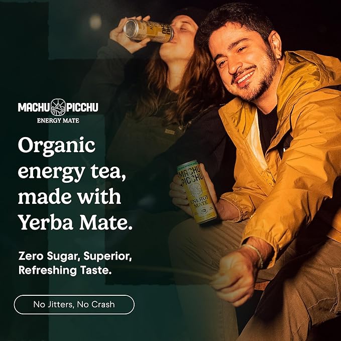 MACHU PICCHU Zero Sugar Energy Mate Drink – Non-Carbonated Yerba Mate 120mg Organic Caffeine Smooth Focus Without Jitters or Crash Low Calorie USDA Organic 12oz Cans (12-Pack-“Alpine Mint”)