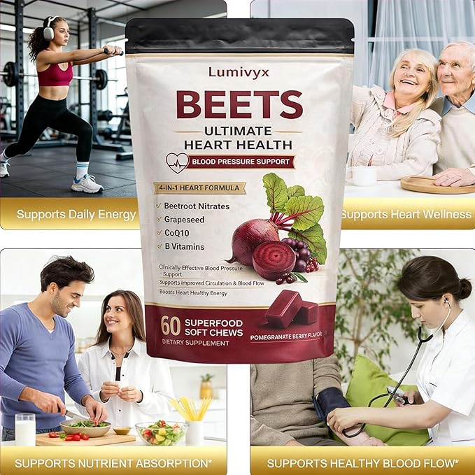 Beet Chews – Premium Beetroot Grape Seed &amp CoQ10 Functional Chews – Natural Pomegranate Berry Flavor Supports Healthy Circulation &amp Everyday Energy Non-GMO Gelatin-Free (60 Count)