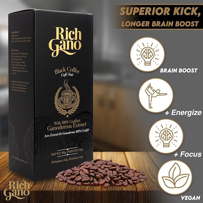Rich Gano Reishi Mushroom Coffee – (4 Boxes of 30 Sachets) Black Coffee with Ganoderma Extract – All Natural Vegan Friendly Instant Coffee Packets – Zero Jitters Energize Ganoderma