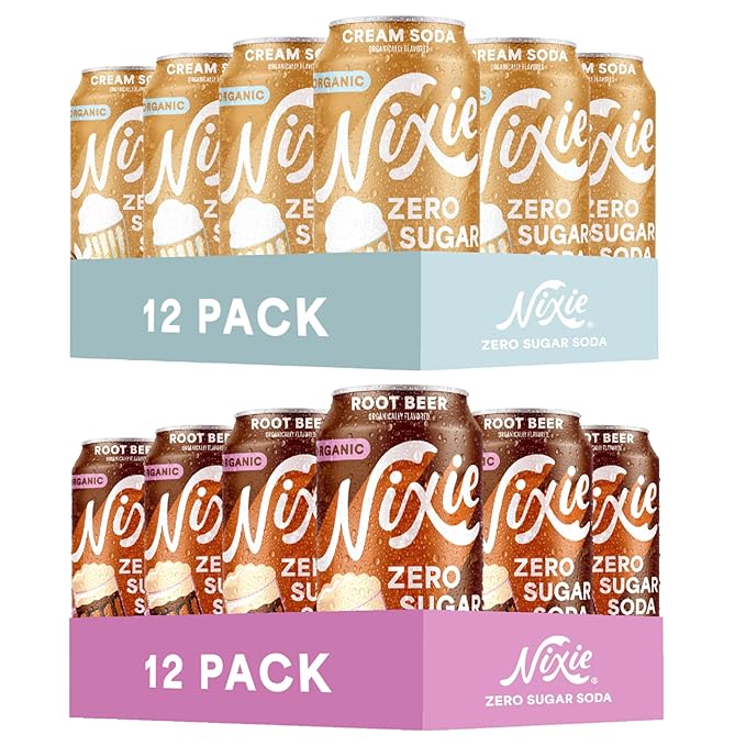 Nixie Organic Zero Sugar Soda Cream Soda &amp Root Beer 0 Sugar 0 Calories Healthy Soda Pop Non-GMO 12oz Cans (24 Pack)