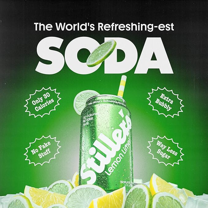 Stiller’s Lemon Lime Soda 12 Pack Cans of Low Sugar Sparkling Soda Natural Lemon Lime Drink with Vitamins Stevia Soda Caffeine-Free Alternative to Diet Soda