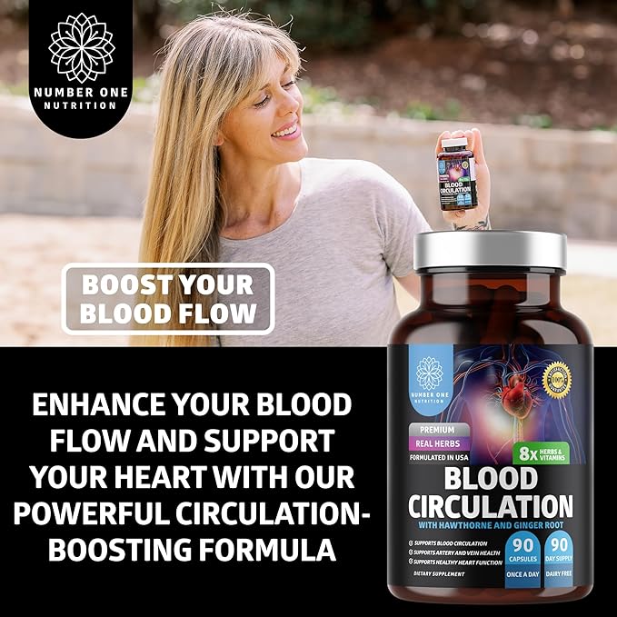 Number One Nutrition Premium Blood Circulation Supplement for Women and Men [8 Powerful Herbs &amp Vitamins] All Natural Blood Flow Supplement with Hawthorn Butchers Broom and Cayenne Pepper 90 Cap