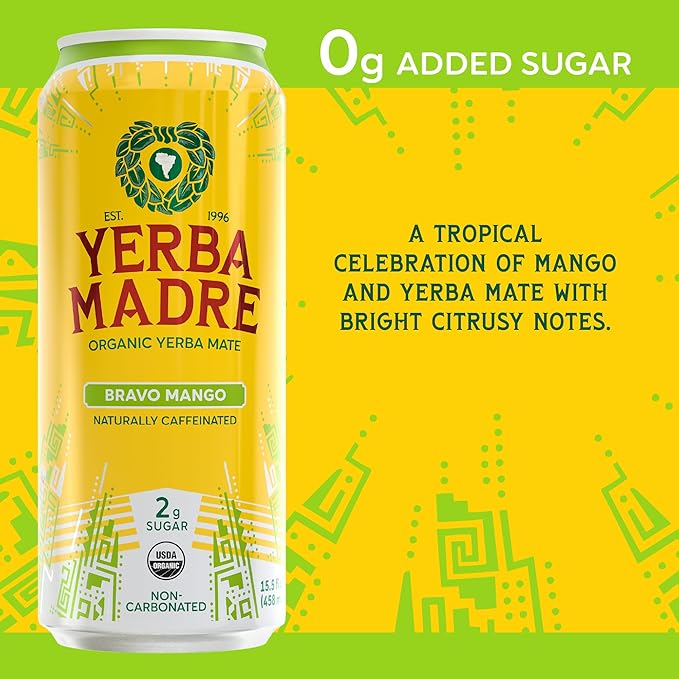 Yerba Madre Organic Yerba Mate Energy Drink Alternative Lower-Sugar Variety Pack 150mg Plant Based Caffeine Smooth Energy &amp Focus No Jitters or Crash 15.5oz Cans (Pack of 12)