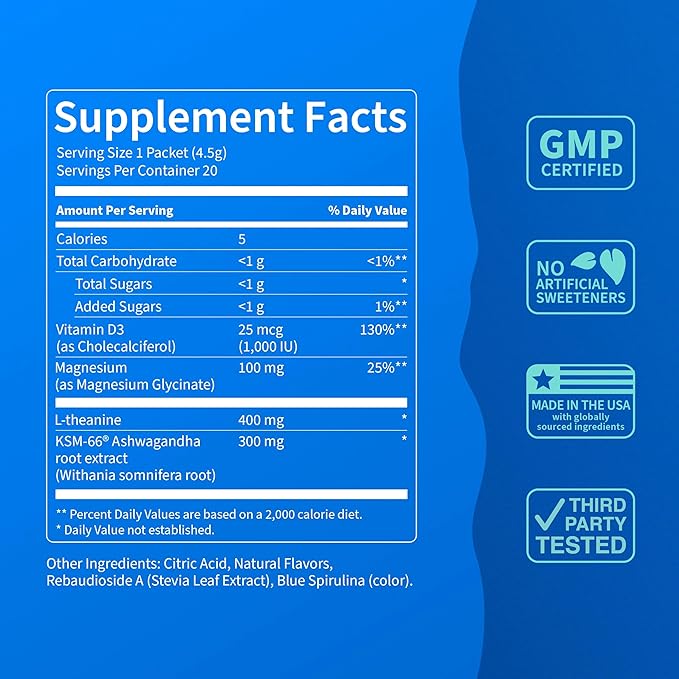 Nello Supercalm Drink Mix - Blue Coconut and Tropical Tangerine Ashwagandha KSM 66 Magnesium Glycinate &amp L-Theanine Supplement - Focus and Relaxation Support (2 x 20 Travel Packets)