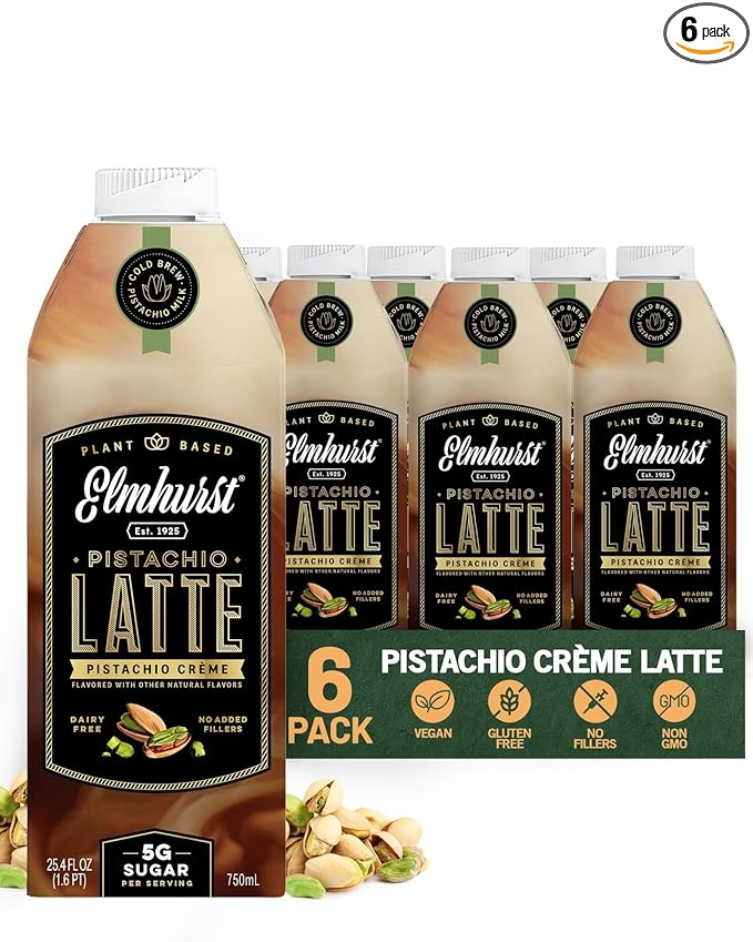 Elmhurst 1925 Pistachio Crème Latte – Plant-Based Vegan Dairy-Free Plant Milk Latte Made of Pistachio Milk Cold Brew Premium Arabica with 95mg Caffeine &amp Sweet Cream Notes – 25.4oz (Pack of 6)