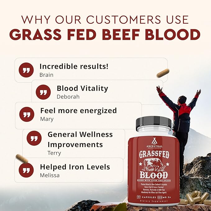 Ancestral Supplements Grass Fed Blood is Blood Liver &amp Spleen Formula 500mg Grass Fed Beef Supplement Red &amp White Blood Cell Formation Immune and Heart Health Support Non GMO 180 Capsul
