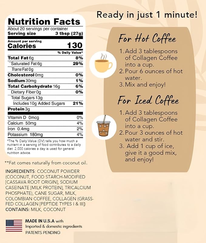 CAcafe Collagen Coffee | Coconut Infused Colombian Blend Coffee with Anti-Aging Collagen | Antioxidants &amp Natural Energy | 19.05oz