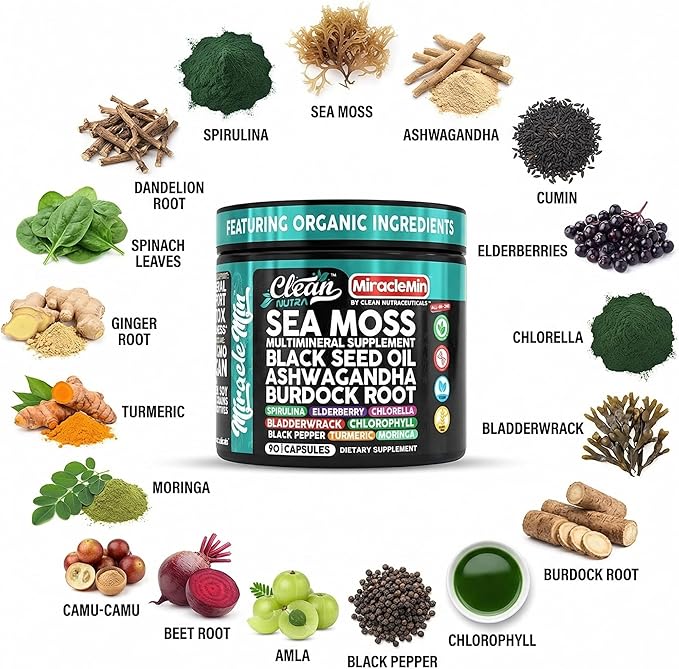 Clean Nutra Organic Sea Moss Capsules with Ashwagandha Black Seed Oil Burdock Root Bladderwrack Moringa Chlorella Spirulina Turmeric Elderberry Amla – 90 Vegan Capsules – MiracleMin