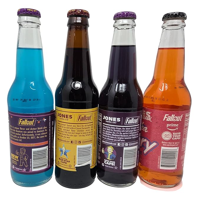 Jones Soda Fallout Themed 4-Flavor Variety Gift Set 12 fl oz Bottles Includes Rare SOUR Nuka Cola Quantum Sunset Sarsaparilla Nuka Grape and Nuka Victory Cola