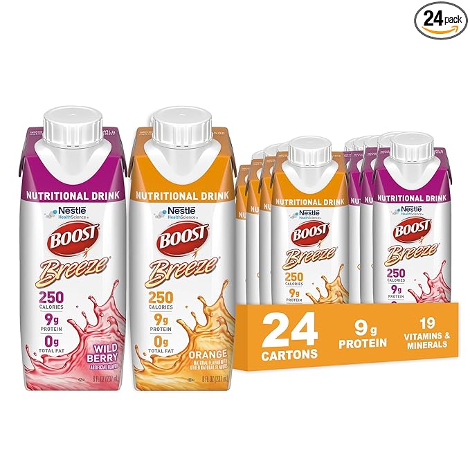 Boost Breeze Clear Nutritional Drink 9g Protein 250 Nutrient-Rich Calories 2 Flavor Variety Case (Orange + Wildberry) 8 Fl Oz (Pack of 24)