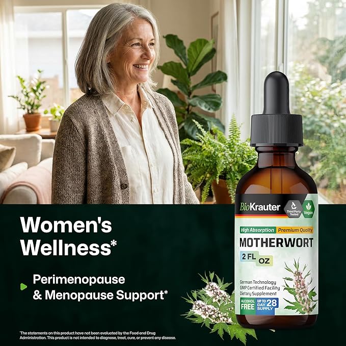 BIO KRAUTER® Perimenopause &amp Menopause Supplements for Women* - Vegan Motherwort Tincture 2 Fl.Oz 28-Day Supply for Natural Calm &amp Women's Wellness - Alcohol &amp Sugar Free - 650 mg per Serv