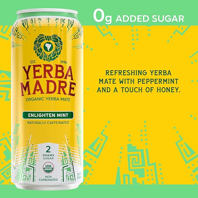 Yerba Madre Organic Yerba Mate Energy Drink Alternative Lower-Sugar Enlighten Mint 150mg Plant Based Caffeine Smooth Energy &amp Focus No Jitters or Crash 15.5oz Cans (Pack of 12)