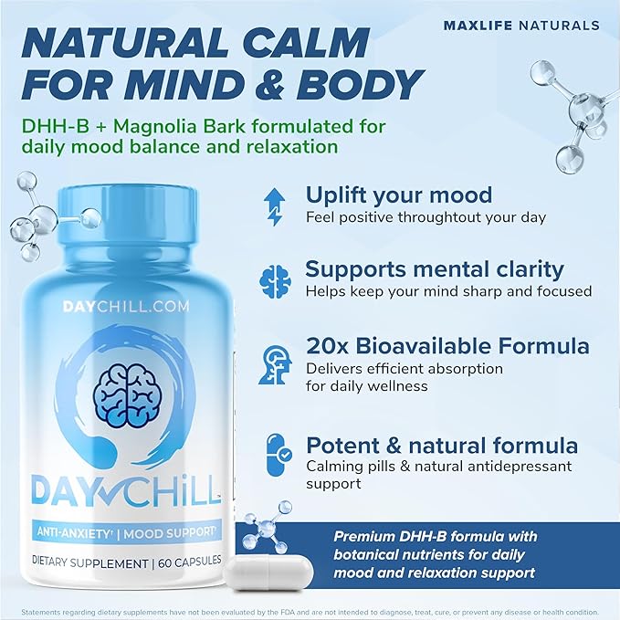 Chill Pill Happy Pills Mood Stabilizer Women and Men with Magnolia Bark 60 Capsules Formulated in USA - DHH-B Dihydrohonokiol-B Calm Pills Minerals and Chill Formula for Relaxation and Health Balance