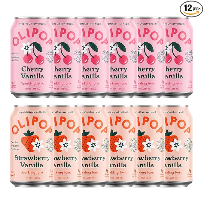 OLIPOP - Pink Pops Variety Pack Healthy Soda Variety Pack Prebiotic Soft Drink Supports Digestive Health High Fiber Low Calorie Low Sugar (12 oz 12-Pack)